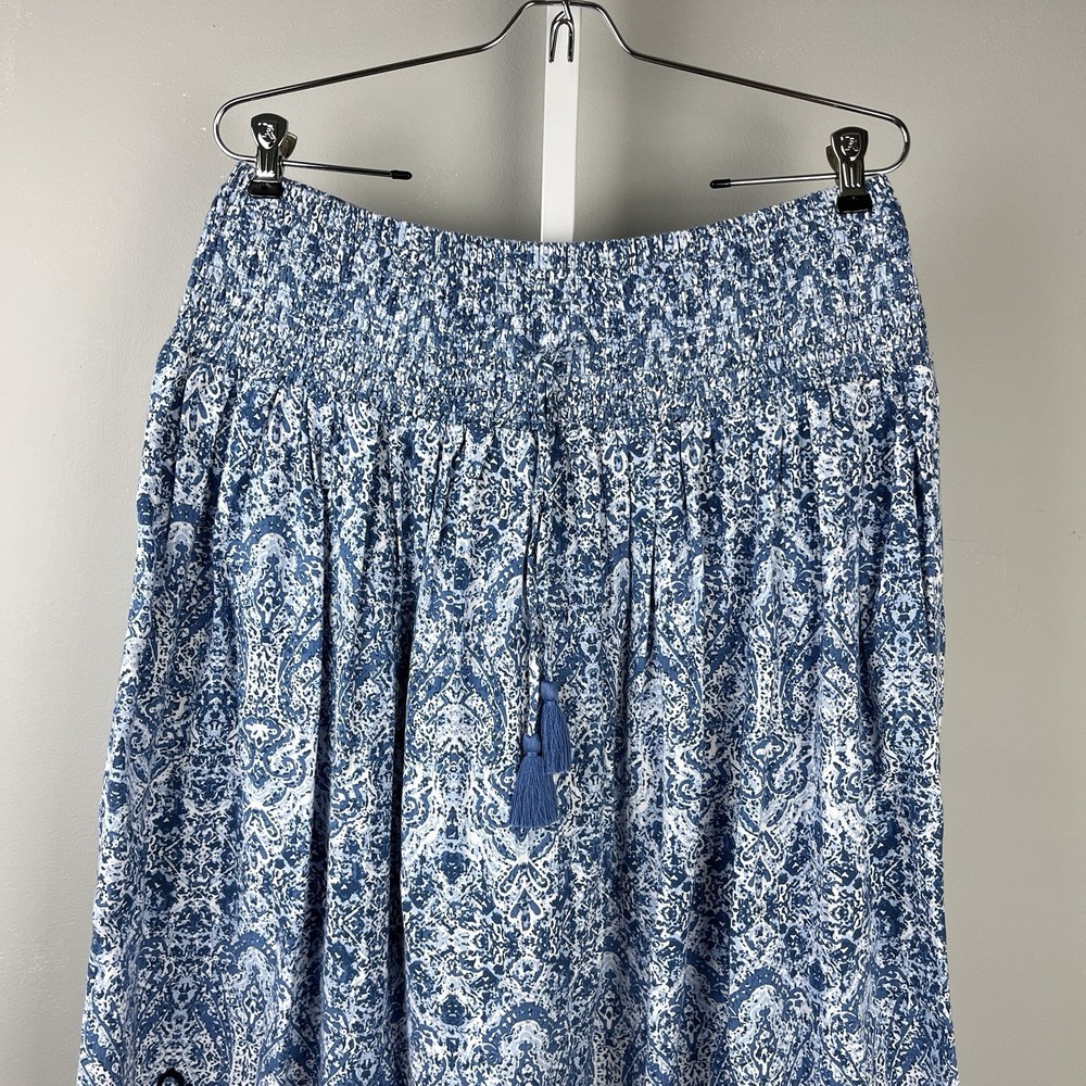 J. Jill Smocked Waist Maxi Skirt Womens‎ Medium Blue Print Tassel Drawstring NWT - Picture 2 of 6